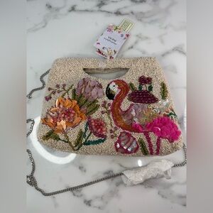 Viral Beaded Bag! Beige Flamingo and Floral Top Carry Handle Beaded Bag NWT